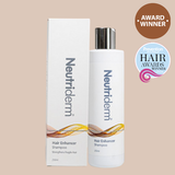 250ml bottle of Neutriderm Hair Enhancer Shampoo with packageing, featuring award winner badges.