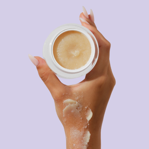 Neutriderm C Scrub jar with a swatch of the scrub, showcasing its texture and exfoliating granules.