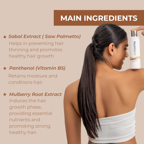 Neutriderm Hair Enhancer Shampoo with key ingredients: Sabal Extract (Saw Palmetto), Panthenol (Vitamin B5), and Mulberry Root Extract.