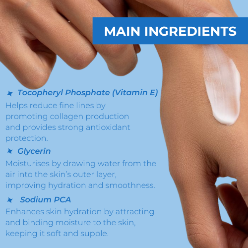 Neutriderm Moisturising Lotion with key ingredients highlighted: Tocopheryl Phosphate (Vitamin E), Glycerin, and Sodium PCA.