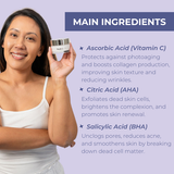 Neutriderm C Scrub with main ingredients highlighted: Ascorbic Acid (Vitamin C), Citric Acid (AHA), and Salicylic Acid (BHA).