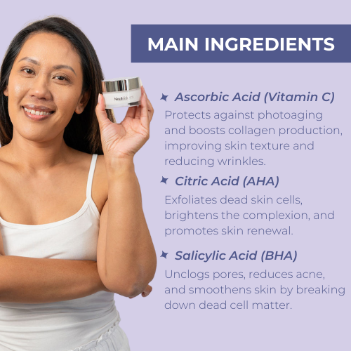 Neutriderm C Scrub with main ingredients highlighted: Ascorbic Acid (Vitamin C), Citric Acid (AHA), and Salicylic Acid (BHA).