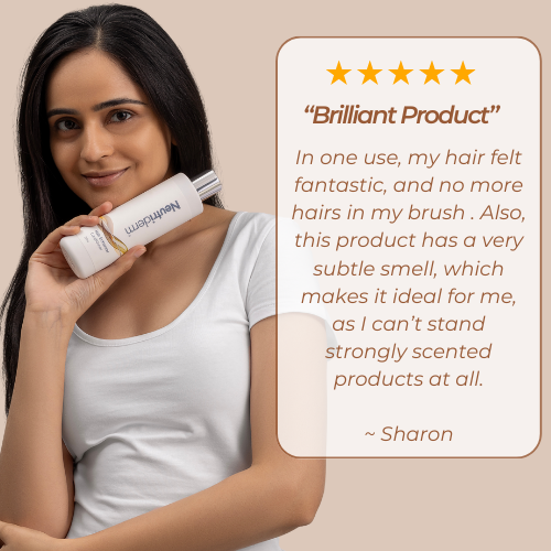 Customer testimonial for Neutriderm Hair Enhancer Conditioner, praising its subtle scent and effectiveness, rated five stars.