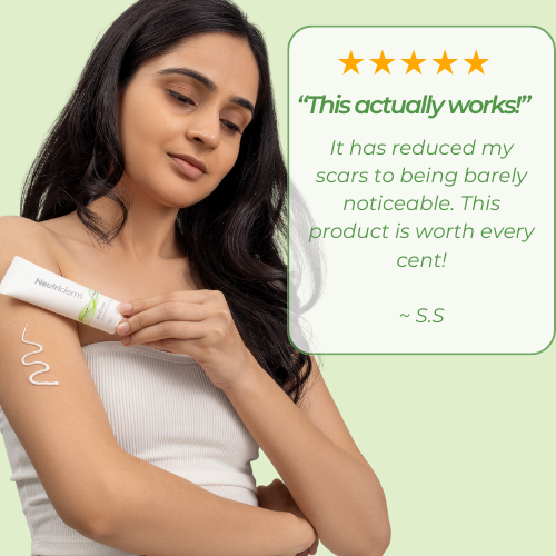 Customer testimonial for Neutriderm KS Cream, stating it has made scars barely noticeable, and praising its effectiveness.
