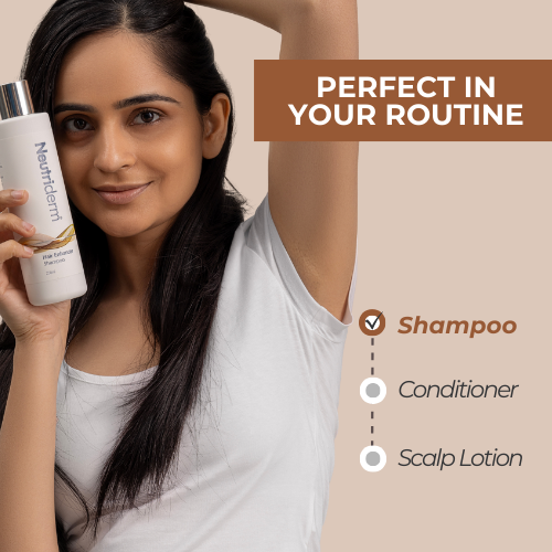 Neutriderm Hair Enhancer Shampoo placed in a haircare routine before conditioner and scalp lotion.