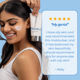 Customer testimonial for Neutriderm Moisturising Lotion, praising it for balancing oily skin, rated five stars.