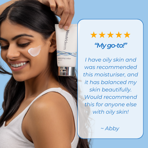 Customer testimonial for Neutriderm Moisturising Lotion, praising it for balancing oily skin, rated five stars.