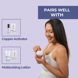 Neutriderm C Scrub displayed with complementary products: Copper Activator and Moisturising Lotion.