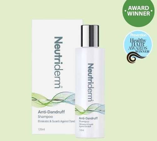 Neutriderm Anti-Dandruff Shampoo, 120ml, with packageing displayed and featuring the Prevention Healthy Hair Awards Winner badge.