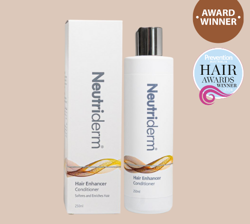 Neutriderm Hair Enhancer Conditioner, 250ml, with packageing displayed and featuring the Prevention Healthy Hair Awards Winner badge for hair conditioning. 