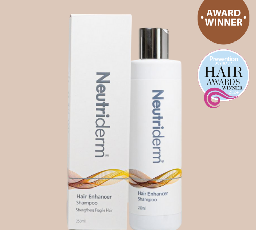 250ml bottle of Neutriderm Hair Enhancer Shampoo with packageing, featuring award winner badges. 