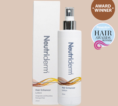 Neutriderm Hair Enhancer Lotion, 250ml, with packageing displayed and featuring the Prevention Healthy Hair Awards Winner badge for hair enhancement.