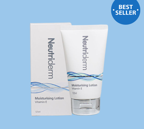 125ml tube of Neutriderm Moisturising Lotion with Vitamin E, packageing displayed alongside, labeled as a Best Seller. 