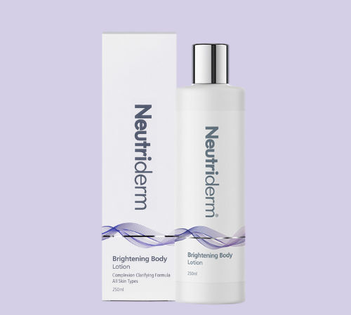 Neutriderm Brightening Body Lotion, 250ml, with packageing displayed, formulated for brightening and evening skin tone. 