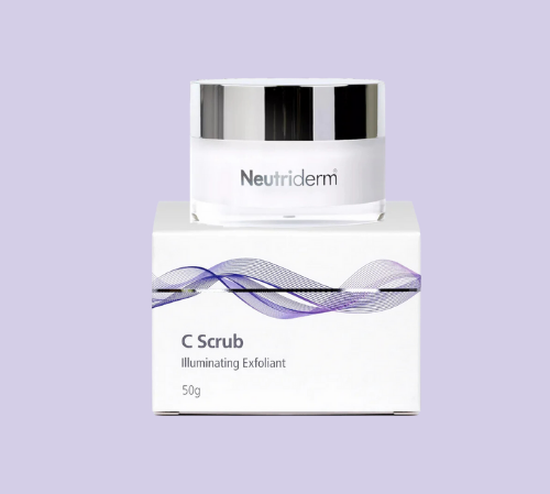 Neutriderm C Scrub, 50g, displayed with packageing, formulated as an illuminating exfoliant for rejuvenated skin. 