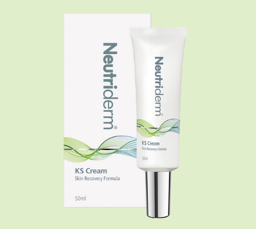 Neutriderm KS Cream, 50ml, displayed with packageing, designed to reduce the appearance of scars and promote skin renewal. 