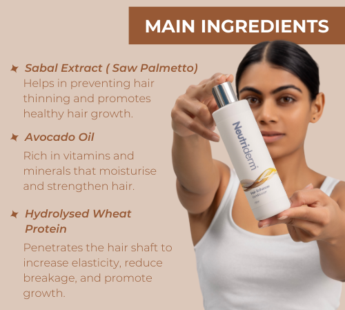 Neutriderm Hair Enhancer Conditioner with main ingredients highlighted: Sabal Extract, Avocado Oil, and Hydrolysed Wheat Protein. 