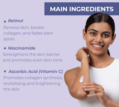 Neutriderm Brightening Body Lotion with main ingredients highlighted: Retinol, Niacinamide, and Ascorbic Acid (Vitamin C). 