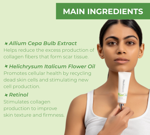 Neutriderm KS Cream with main ingredients highlighted: Allium Cepa Bulb Extract, Helichrysum Italicum Flower Oil, and Retinol. 