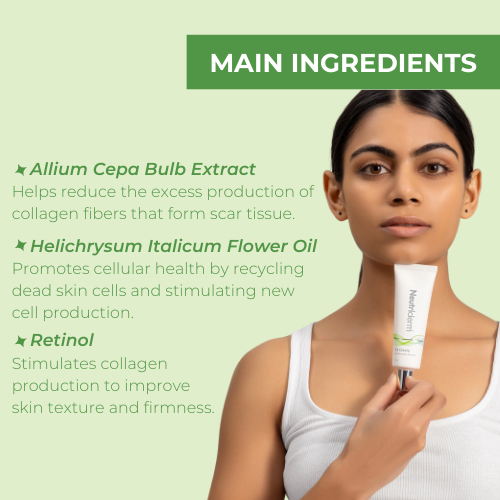 Neutriderm KS Cream with main ingredients highlighted: Allium Cepa Bulb Extract, Helichrysum Italicum Flower Oil, and Retinol. 