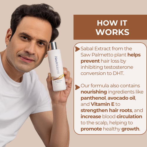 Neutriderm Hair Enhancer Conditioner held by a man, describing its benefits in preventing hair thinning and promoting healthy hair growth. 