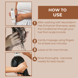 Steps for using Neutriderm Hair Enhancer Conditioner: apply after shampooing, massage, leave on for one minute, and rinse thoroughly.