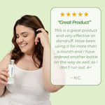 Customer testimonial praising Neutriderm Anti-Dandruff Shampoo as effective for dandruff, rated five stars. 