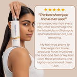 Customer testimonial for Neutriderm Hair Enhancer Shampoo, praising its effectiveness in improving hair health and reducing breakage, rated five stars. 