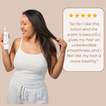 Customer testimonial for Neutriderm Hair Enhancer Lotion, praising its smoothness and hair health benefits, rated five stars. 