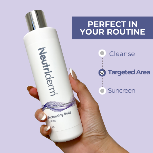 Neutriderm Brightening Body Lotion as part of a skincare routine, focusing on targeted areas after cleansing and toning. 