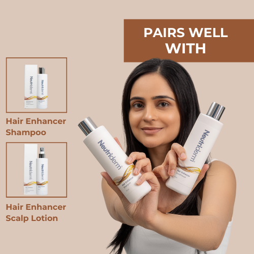 Neutriderm Hair Enhancer Conditioner displayed with complementary products: Hair Enhancer Shampoo and Hair Enhancer Scalp Lotion.