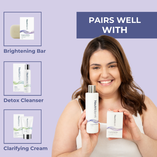 Neutriderm Brightening Body Lotion displayed with complementary products: Detox Cleanser, Brightening Bar, and Clarifying Cream. 