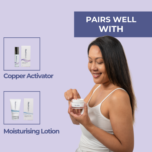 Neutriderm C Scrub displayed with complementary products: Copper Activator and Moisturising Lotion. 