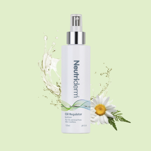 Neutriderm Oil Regulator Lotion, 120ml, shown with chamomile flowers and a splash of water to highlight its soothing properties. 